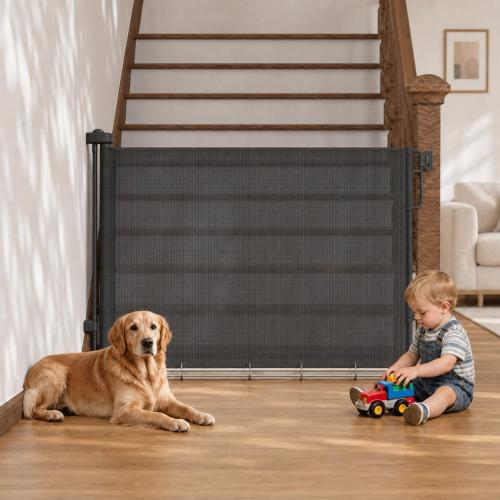 Cumbor 27-40 Retractable Baby Gates for Stairs & Doorways, Indoor Outdoor | Hardware Mounted Mesh Dog & Pet Gate, Easy Walk Through, One-Hand Operation, Anti-Crawl Adjustable Safety Gate for Dog, Black