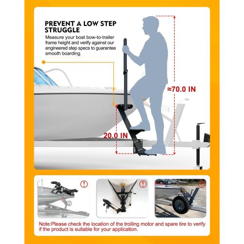 Boat Trailer Steps, Heavy Duty Trailer Tongue Steps with Handle, Universal Fit for 3 x 3, 4 x 4 & 3 x 5 (3 Step, Textured Tread)