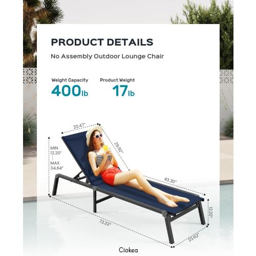 Aluminum Chaise Lounge Ourdoor - Foldable & Assemble Free Outdoor Lounge Chair with 5 Adjustable Backrest, Patio Lounge Chair for Outside Poolside Beach Pool, Navy Blue