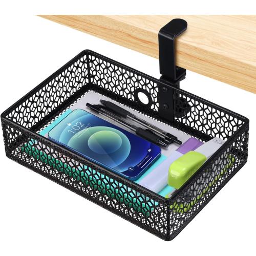 ROSYLINE Drawer Under Desk Storage Organizer, Clamp on Desk Drawer, Under Desk Storage, Clamp Drawer Basket, Hanging Desk Storage, Under Desk Mount Tray, Suitable for Multiple Scenes (Black)