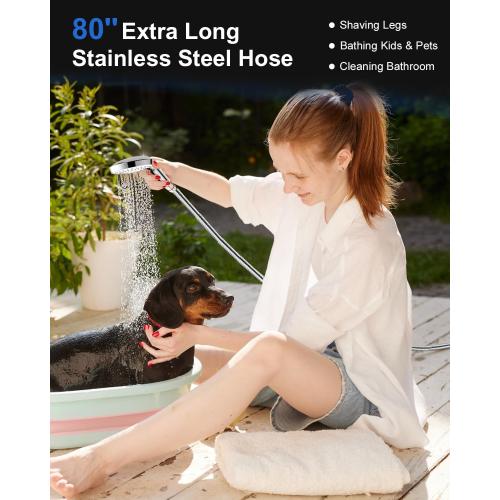 FASDUNT Shower Head with Handheld, High Pressure Handheld Shower Head with 80 Extra Long Stainless Steel Hose & Adjustable Bracket, Showerhead with ON/OFF Switch for Pets Bath