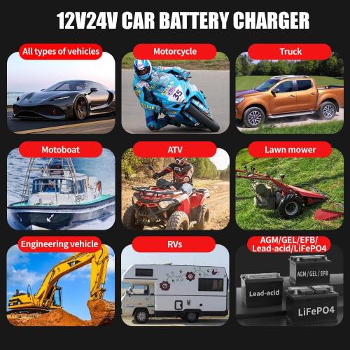 25Amp Car Battery Charger, Maintainer, 12V/24V LiFePO4 Lead Acid (AGM/Gel/SLA) Smart Trickle Charger, Engine Start Booster Mode, Battery Desulfator Repair Charger for Automotive Truck Motorcycle Boat