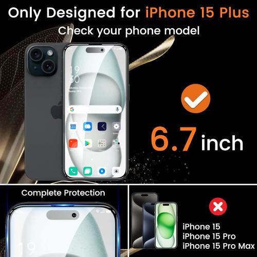 3 Pack Privacy Screen Protector for iPhone 15 Plus 6.7-Inch with 3 Pack Camera Lens Protector, Anti Spy Tempered Glass Film 9H Hardness Case Friendly