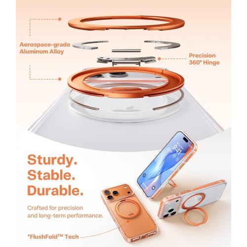 TORRAS 360 Magnetic Stand for iPhone 17 Pro Max Case, [Fit for MagSafe] [4X Military-Grade Protection] Slim Case for iPhone 17 Pro Max 6.9 2025, Clear-Orange, Ostand O3 Fitness Series
