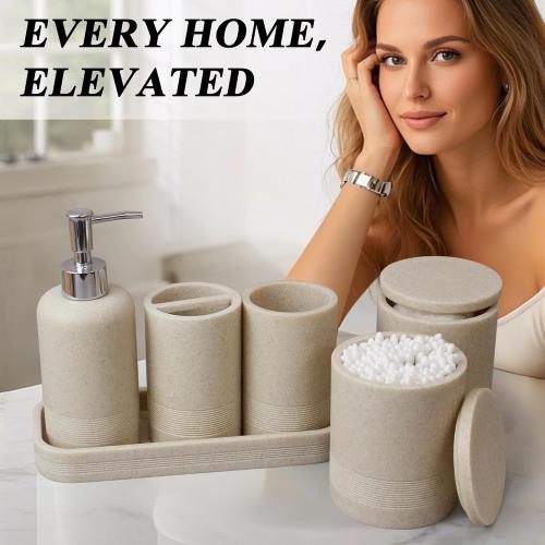 6-Piece Bathroom Accessories Set, Bathroom Accessory Set with Soap Dispenser, Toothbrush Holder Set, Vanity Tray, Tumbler & 2 Cotton Swab Jars, Modern Stylish Bathroom Organizer(Beige)