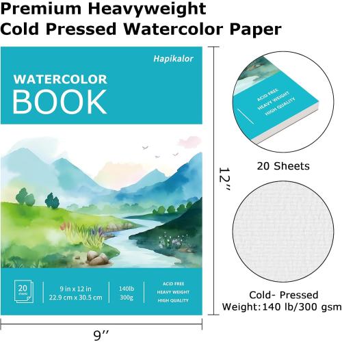 Hapikalor Watercolor Paper Pad, 9x12 Water Color Paper, 140lb/300gsm Artist Painting Drawing Paper Book, Art Supplies for Adults Kids, Watercolors, Watercolor Paint Set, Sketchbook, Journal, Teal