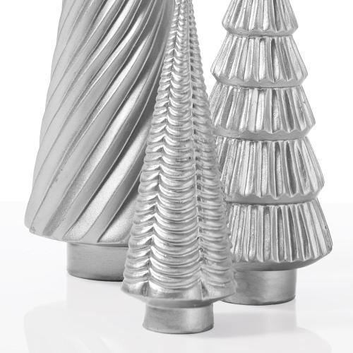 DN DECONATION Silver Christmas Tree Figurines Set of 3, Table Top Xmas Tree Decor with Glitter, Modern Pine & Swirl Design, Resin Christmas Trees for Mantel, Desk, Fireplace,Holiday Centerpiece