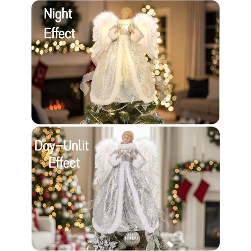 HOHOTIME 14'' Angel Tree Topper with White Feather Wings and Silver Skirt, Christmas Tree Topper with LED Light for Xmas Tree Top Decor Holiday New Year Home Ornament Decorations