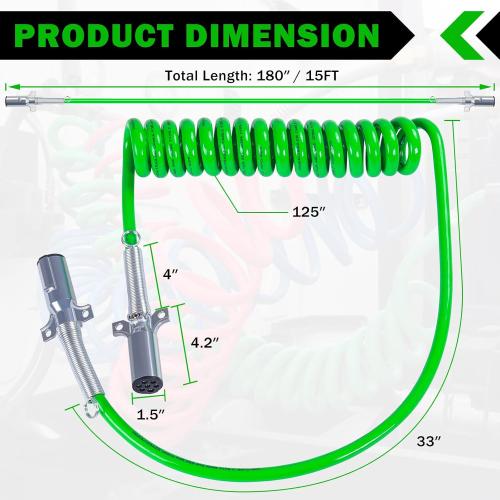 CheeMuii 7 Way Coiled Trailer Cord 15FT Long Tail ABS Electrical Power Wire Air Brake Coiled Electric Cable for Semi Trucks Trailers Tractors