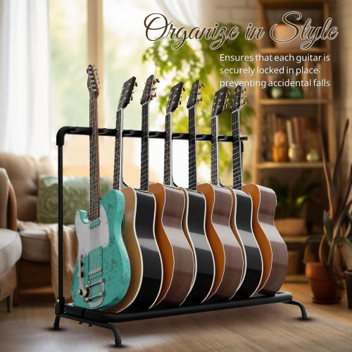Flexzion 7 Guitar Stand Rack - Metal Construction Multi Guitar Rack & Guitar Organizer, Foldable 7 Guitar Holder Stand with Padded Foam Tubing for Electric, Acoustic, Classical Guitars & Basses