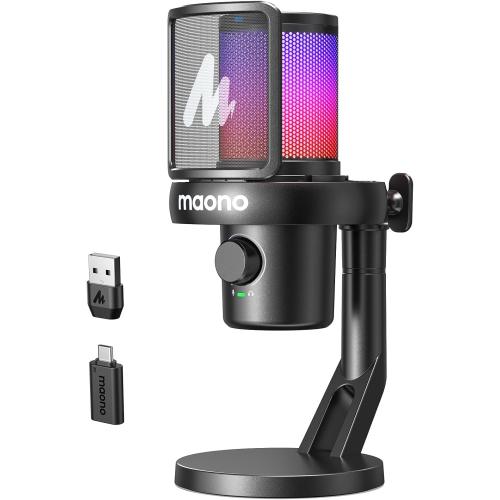 Black MAONO Wireless Microphone for PC,Gaming Streaming Mic with Software AI Voice Change,3-Level Noise Cancellation,Custom EQ,Gain Control USB Mic for Laptop Computer Podcast (DM40-Black)