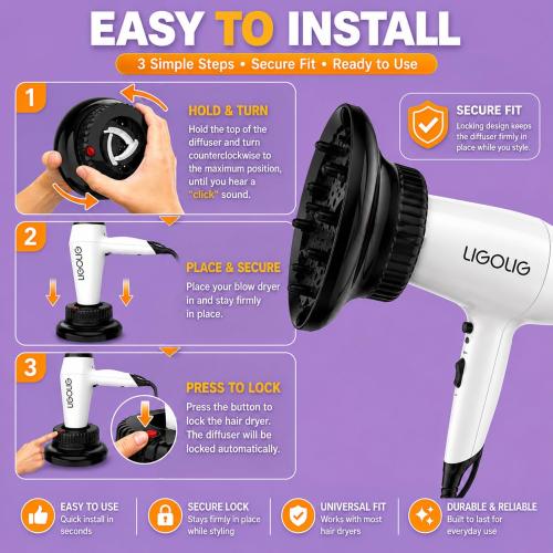 LIGOLIG Hair Difuser Attachment Universal Diffuser Hair Dryer for 1.4-inch to 2.4- inch Blow Dryer, Hair Diffuser for Curly Hair and Natural Wavy Hair (Black)