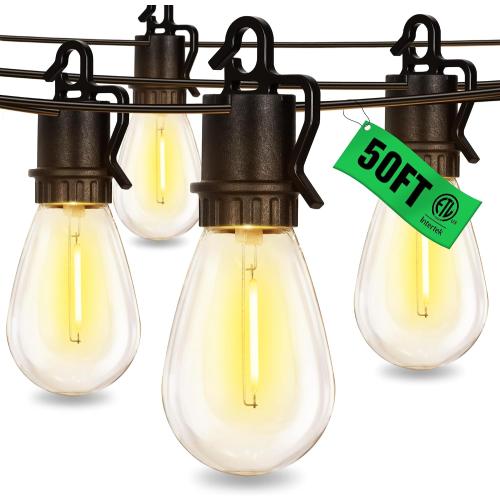 Size 50FT Outdoor String Lights with 25 Shatterproof S14 Vintage Edison Bulbs E12 Sockets,2700K Dimmable Outdoor Lights,IP55 Waterproof LED String Lights for Outside, Patio, Garden, Backyard,Bistro