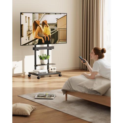 Rolling TV Stand with Soundbar Mount for 37-75inch TVs up to 154lbs | Swivel&Tilt Mobile TV Stand with Large Storage,Height Adjustable,Steel Base,Max VESA 600x400mm,Sturdiness,Easy Assembly,Black