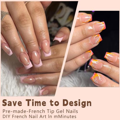 150Pcs Press on Nails Short Square Fake Nails French Tip False Nails Press ons with Designs Yellow nails Glossy n Nails Stick on Nail for Women Nail Decorations