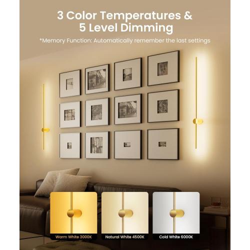 Battery Operated Wall Sconce Set of 2, 10000mAh Rechargeable Dimmable LED Wall Lamps with Remote, Modern Wireless Wall Lights for Bedroom, Living Room, Hallway, Indoor Decor, 40 Inch, Golden