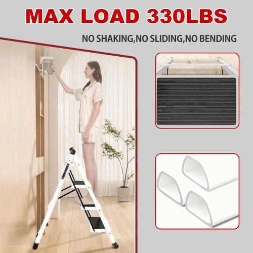 3 Step Ladder with Anti-Slip and Wide Pedal 330lbs Capacity Folding Step Ladder for Household Kitchen Office(White-P, 3 Step Ladder)