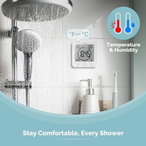 KADAMS Shower Clock Waterproof Bathroom Timer – Digital Wall Clock with Countdown, Magnetic Kitchen Clock with Temperature & Humidity, Suction Cup for Kids Shower Spa Sauna Cook Bath, White