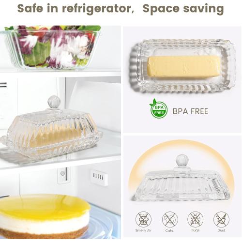 Clear Glass Butter Dish with Lid - Covered Butter Container Holder Keeper Tray Plate for Kitchen,Tabletop Countertop & Refrigerator | Safe Holds 1 Standard 4oz Butter Sticks