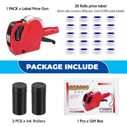 Price Gun,Handheld Price Tag Gun Red Pricing Gun with Extra 10,000 Pad Labels and 2 Pack of Inks Price Guns Tool Set for Retail, Price Stamp for Groceries Price Labeling