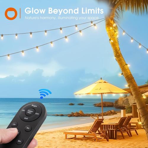 Black addlon 54FT Solar String Lights Outdoor Waterproof with USB Charging & Remote Control - Dimmable Solar Power Patio Lights with 26 LED Bulbs for Porch, Garden, Yard, Market, Bistro - Lasts 20  Hrs