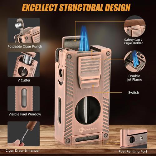 Cigar Torch Lighter - All-in-1 Lighter with Built-in Cigar Holder, Punch, Draw Enhancer & Cutter for Smoking - Double Jet Flame Refillable Butane Lighter - Gift for Men