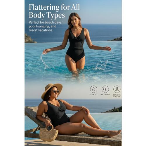 Holipick Women Medium Black Tummy Control One Piece Swimsuit - Push Up Bathing Suit Full Coverage Slimming Swimwear