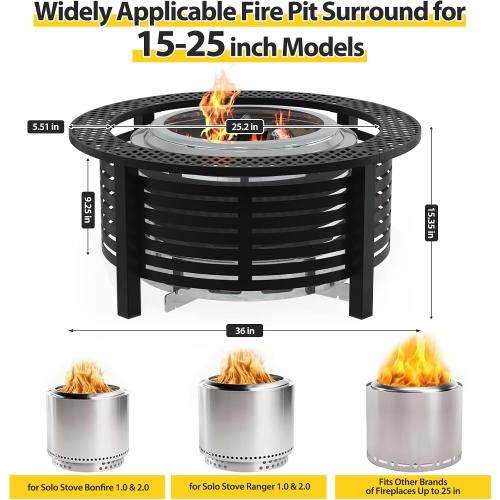 Fire Pit Surround Tabletop for Solo Stove Bonfire & Ranger 2.0 with Heat Shield, 36'' Powder-Coated Iron Surround Solo Stove Accessories for Safety & Extra Space, 25 Inner Fits Most Firepits, Black