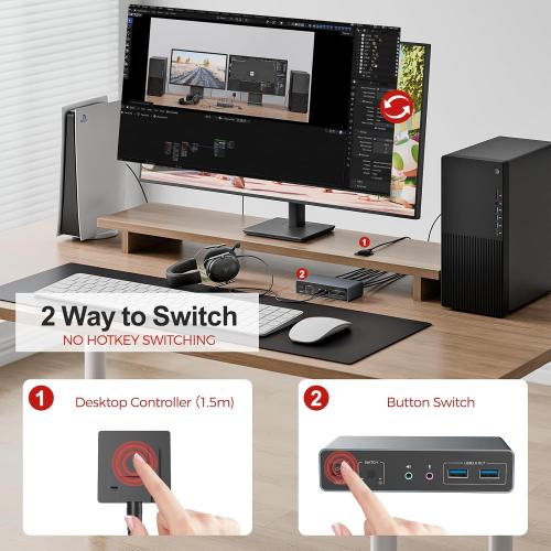 Unitek HDMI KVM Switch 2 Monitors 2 Computers 4K@60Hz USB 3.0 KVM Switches Share Dual HDMI Monitors 3 USB Ports for Keyboard Mouse Hard Drives Mic Headset Ports 2 Cable DC 5V Adapter Controller