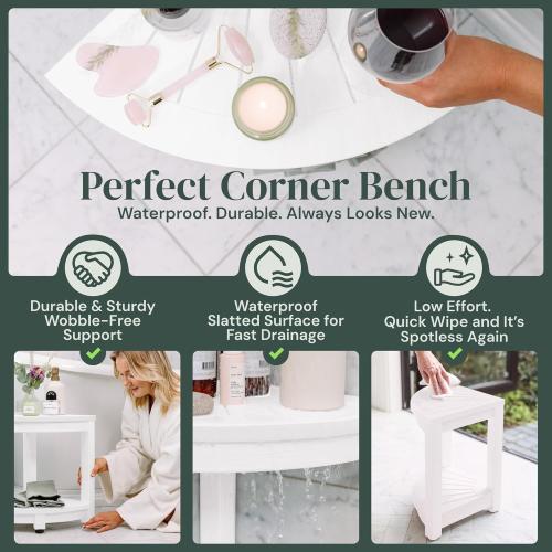 Waterproof Corner Shower Stool - White Waterproof Shower Bench for Shaving Legs & to Sit On - Easily Assembled Corner Bench & Shelf - Restroom Organizer - Restroom Home Decor