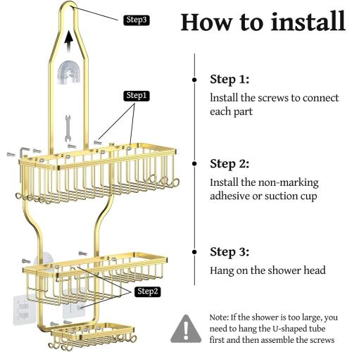 Gold Shower Caddy Over Shower Head Never Rust Aluminum Large Hanging Shower Caddy with 10 Hooks for Razor/Sponge - Over The Shower Head Caddy with Soap Basket - Hanging Shower Organizer Gold