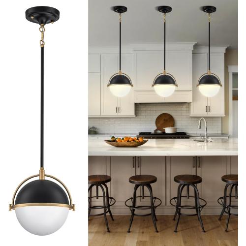 9.5inch Black and Gold Pendant Lights Fixtures Modern Mid Century, Pendant Lights with Milk Glass Lampshade, Adjustable Hanging Rod Pendant Lighting for Dining Room Kitchen Living Room