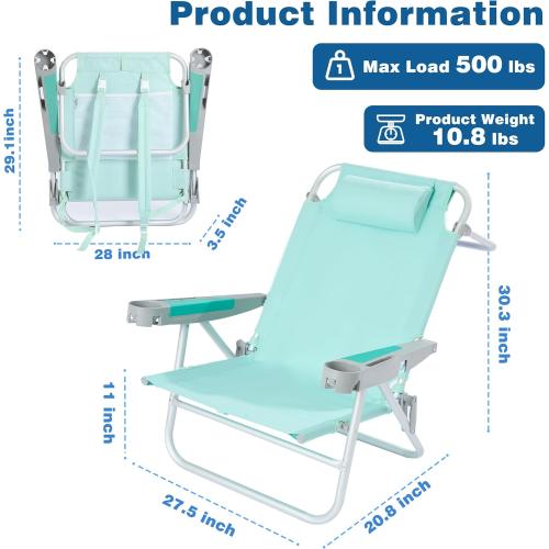 SUNNYFEEL 2pack Extra Wide Low Beach Chair 5 Position Lay Flat 500 LBS Heavy Duty, XL Oversized Portable Folding Camping Chairs with Cup Holder for Outdoor/Trip, Lightweight Backpack Beach Chair for Adults