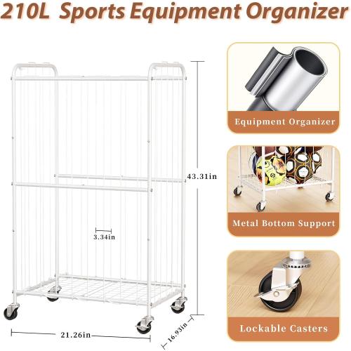 210L Rolling Ball Organizer with Locking Wheels - Large Sports Storage Basket for Basketball Soccer Football Volleyball, Steel Garage Equipment Cart with Elastic Rope for Household Storage