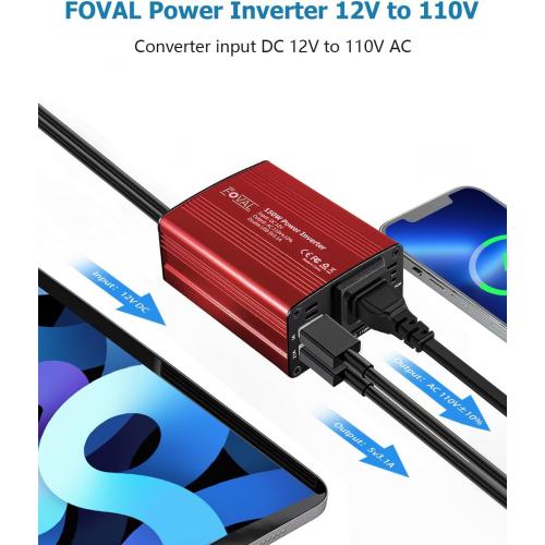 FOVAL 150W Car Power Inverter 12V DC to 110V AC Converter Vehicle Adapter Plug Outlet with 3.1A Dual USB Car Charger for Laptop Computer (Classic Red)