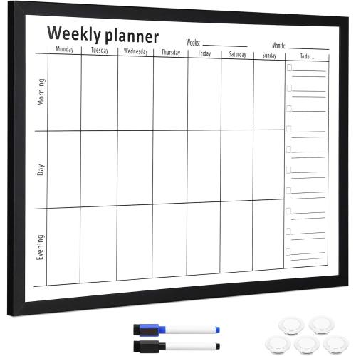 Black Frame Navaris Weekly Planner White Board - 16 x 24 Magnetic Dry Erase Whiteboard Calendar with 7-Day Week Plan for Wall - Includes Markers and Magnets