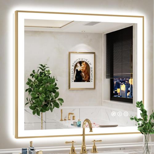 Large LED Bathroom Mirror with Lights (Front Lit and Backlit) Gold Framed Lighted Vanity Mirror for Bathroom Wall Dimmable Anti-Fog Memory Tempered Glass Horizontal/Vertical