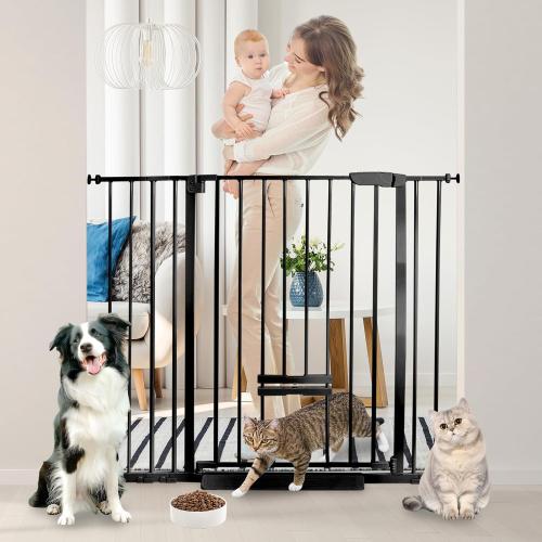 30 Inch Tall Baby Gate with Small Cat Door, Adjustable Auto Close Dog Gate Easy Walk Thru Pet Door for Stairs, Doorway, House (Black, 29.52-43.71)
