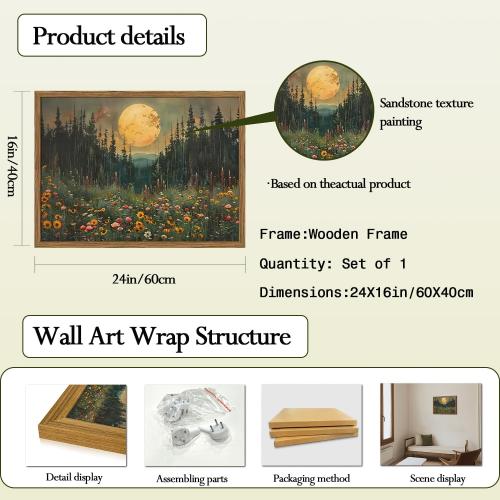 Vintage Forest Moon Wall Art, Nature Pine Tree Woodland Wall Decor Paintings, Dark Cottagecore Landscape 3D Textured Hand Drawn Sandstone Artwork for Bedroom Living Room 16x24 inch Wood Framed