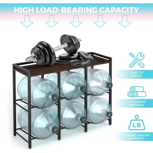 5 Gallon Water Jug Holder for 6 Bottles With Rustic Brown Wood Top Shelf - Heavy Duty Dispenser Stand for Home Kitchen/Office/Living Room