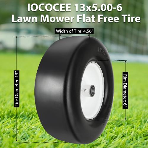 2 Pcs 13x500-6 Color White Upgrade 13x5.00-6 Flat Free Lawn Mower Tire and Wheel with 3/4 Chrome Steel Bearings, Zero Turn Mower Front Solid Tire Assembly for Commercial Grade Lawn, Garden Turf, 4.2-5.2 Centered Hub