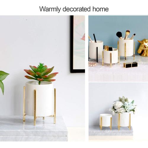 Gold pencil cup Sturdy metal frame with white ceramic pen holder For desks and kitchen appliance holders