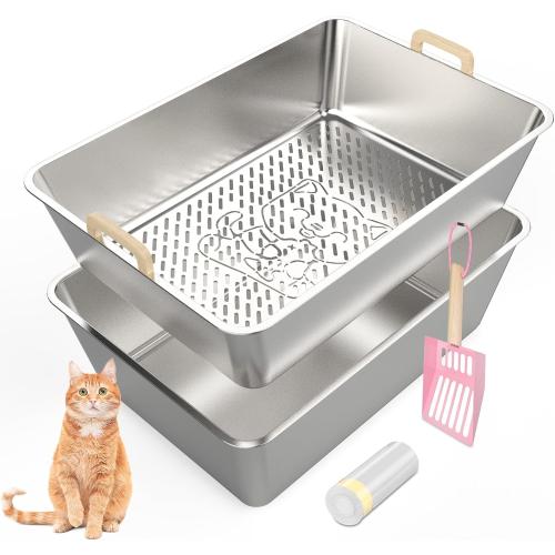 23.6''x16''x8'' Stainless Steel Sifting Cat Litter Box, XL Sifting Litter Box for Pine Pellets, High Sides Metal Litter Box System for Big Cats, Anti-Leakage, Easy Cleaning, Less Tracking