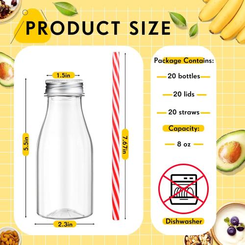 Yinkin 8 oz Clear Plastic Containers Plastic Milk Bottles Red White | 20 Set, with Straws, Metal Lids, for Dairy Milk, Party Bottle, for Juices, Shakes, Smoothies