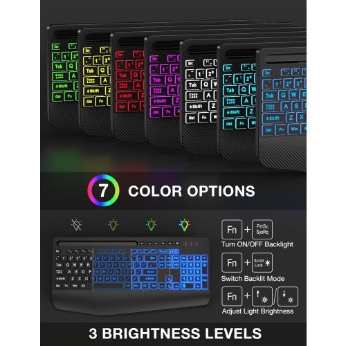 Color Black SABLUTE Wireless Keyboard and Mouse Combo, 9 Backlit Effects, Large Print, Wrist Rest, Phone Holder, 2.4G Lag-Free Ergonomic Keyboards, Rechargeable Easy to See Cordless Set for Computer, Laptop, PC
