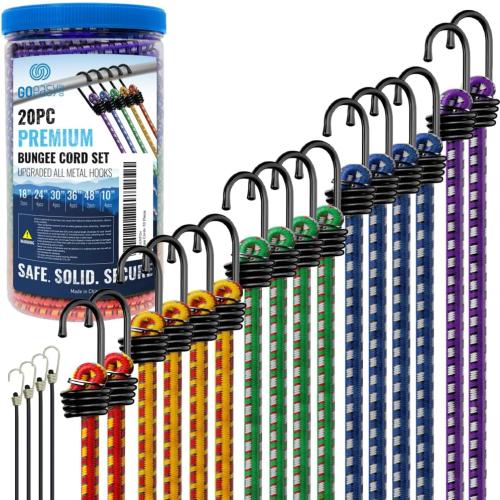 GOEASY0312 Premium Bungee Cords Heavy Duty - 20 pcs Bungee Cords with Hooks in A Storage Jar Includes 10, 18, 24, 30, 36, 48 Bungie Cord Bundle