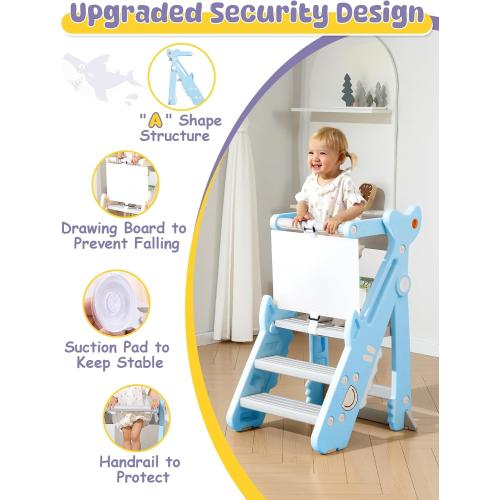 VBABY Foldable Toddler Tower, Plastic Kitchen Stool Helper for Kids, Adjustable Height Standing Tower, Certified Toddler Step Stool, Blue