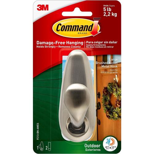 Command Outdoor Metal Hook, 1 Hook, 2 Strips, Water-Resistant Strips (FC13-BN-AWES)