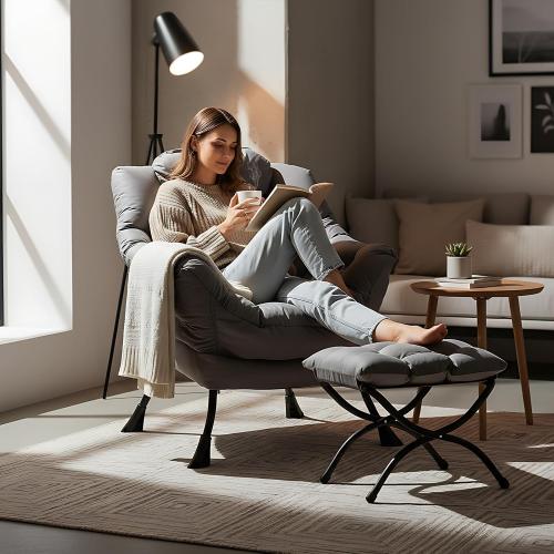 Welnow Lazy Chair with Ottoman, Reading Chair with Footrest,Dark Grey | A Side Pocket,Armrests,Foldable Footrest,Thick Cushioned Seat & Backrest, Lounge Chair for Bedroom,Living Room & Small Space