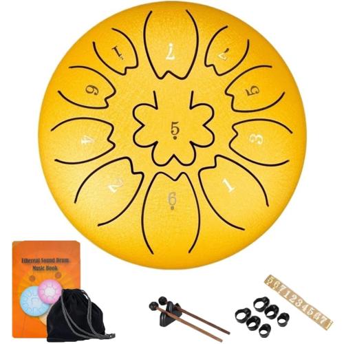 Rain Drum 6 Inch 11 Tone steel drum with Tutorial Cloth Bag, A Pair Of Drums Tongue Drum Rubber Base, Stable Support(Yellow)